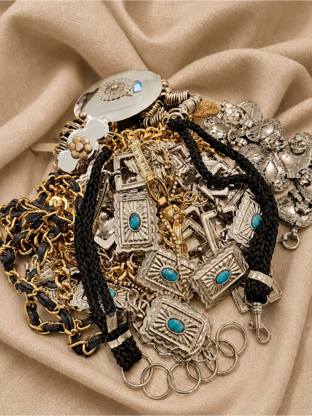 ❤️ 3 LB Luxe Statement Chain Belt Lot Turquoise Rhinestone Woven Leather Estate